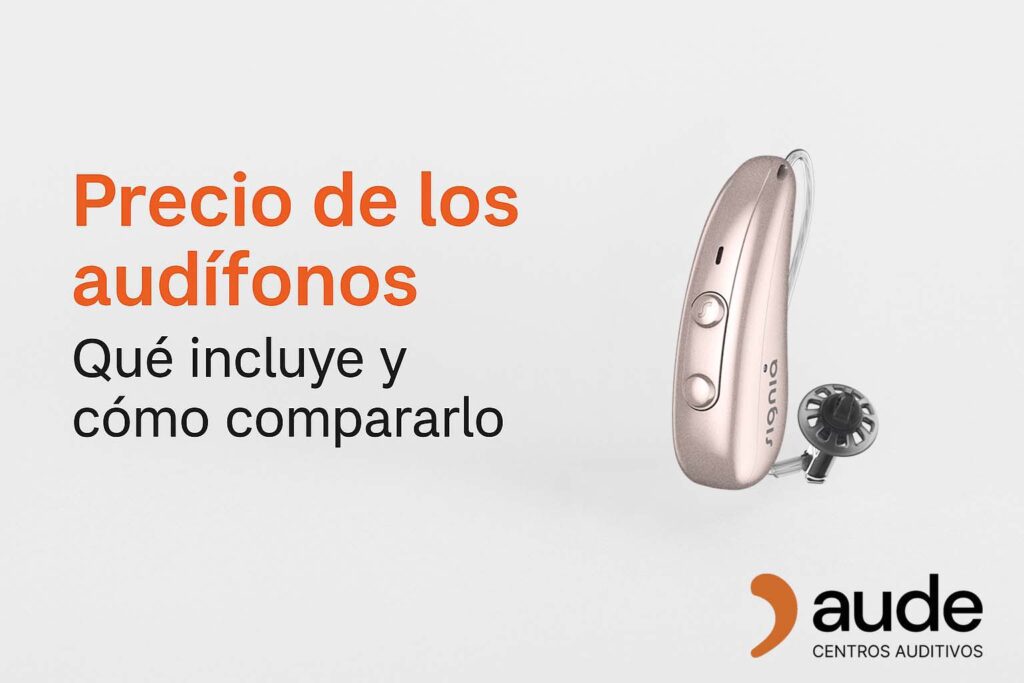Audífono Signia con texto sobre el precio de los audífonos en Aude Centro Auditivo