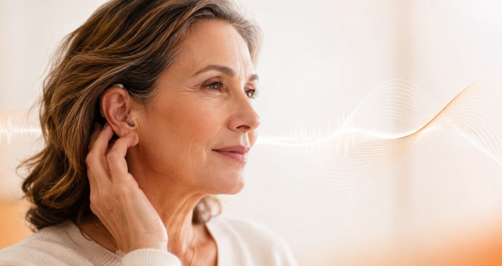 Mujer con audífono percibiendo un sonido poco natural mediante ondas sonoras
