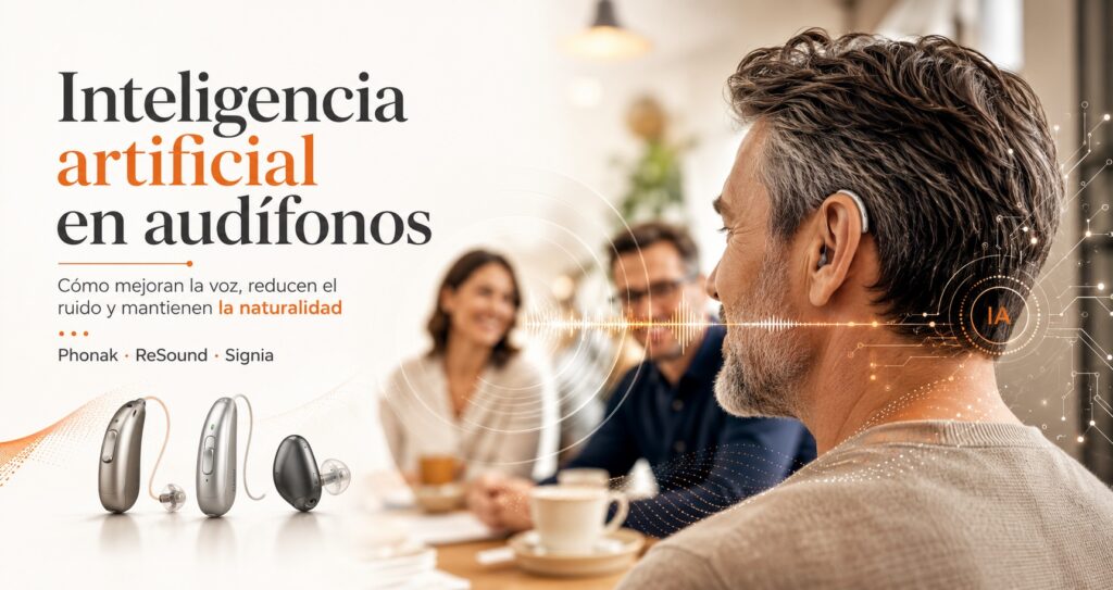 Hombre con audífono en una conversación mientras la inteligencia artificial mejora las voces y reduce el ruido.