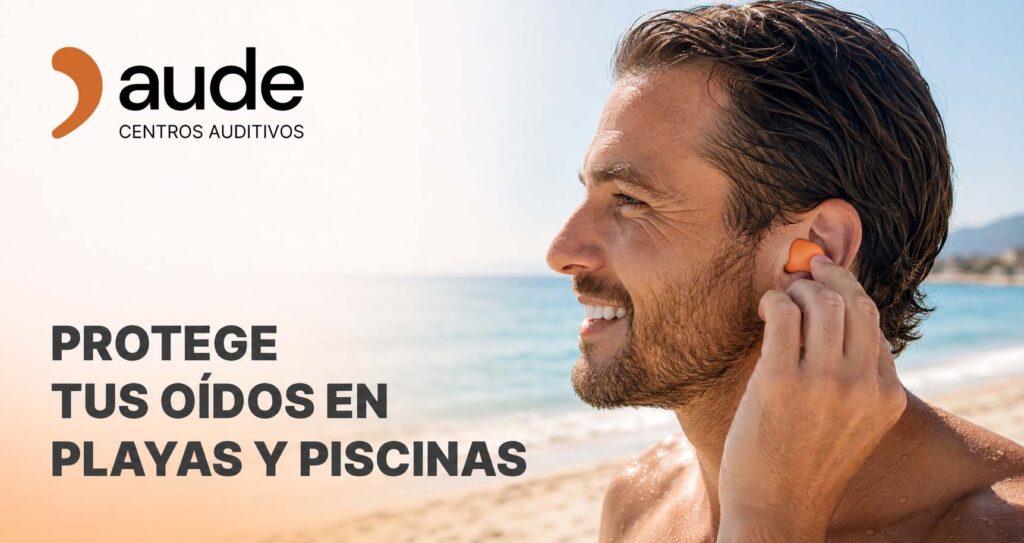 Hombre utilizando un tapón de baño a medida para proteger sus oídos en playas y piscinas