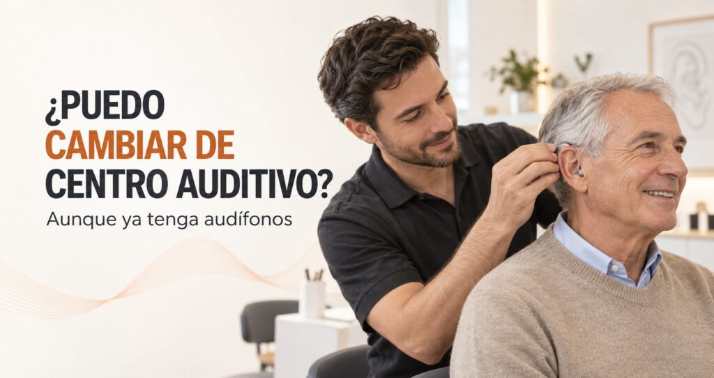 Audioprotesista revisando los audífonos de un paciente que ha cambiado de centro auditivo