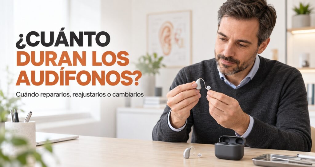 Audioprotesista revisando unos audífonos para valorar si deben repararse, reajustarse o cambiarse