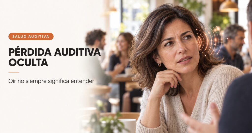 Mujer con dificultad para entender una conversación en un ambiente ruidoso por posible pérdida auditiva oculta